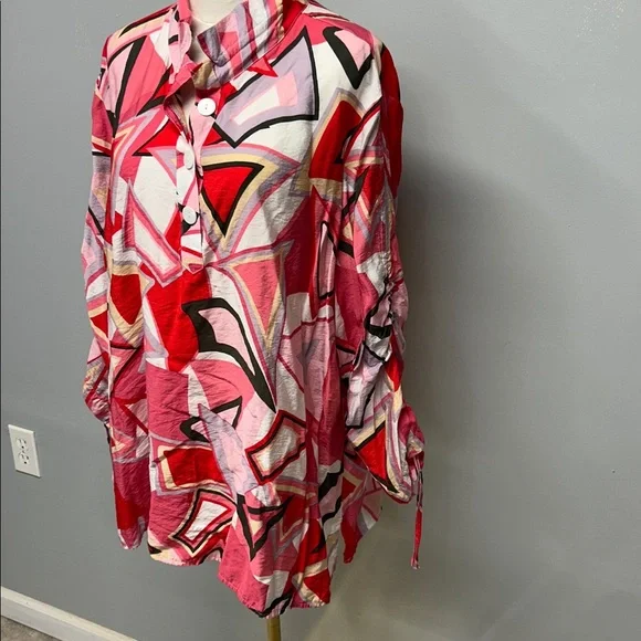 ALI MILES WOVEN PRINT TUNIC WITH CINCH SLEEVES‎ XL ABSTRACT PINK RED LAGENLOOK - Picture 4 of 8